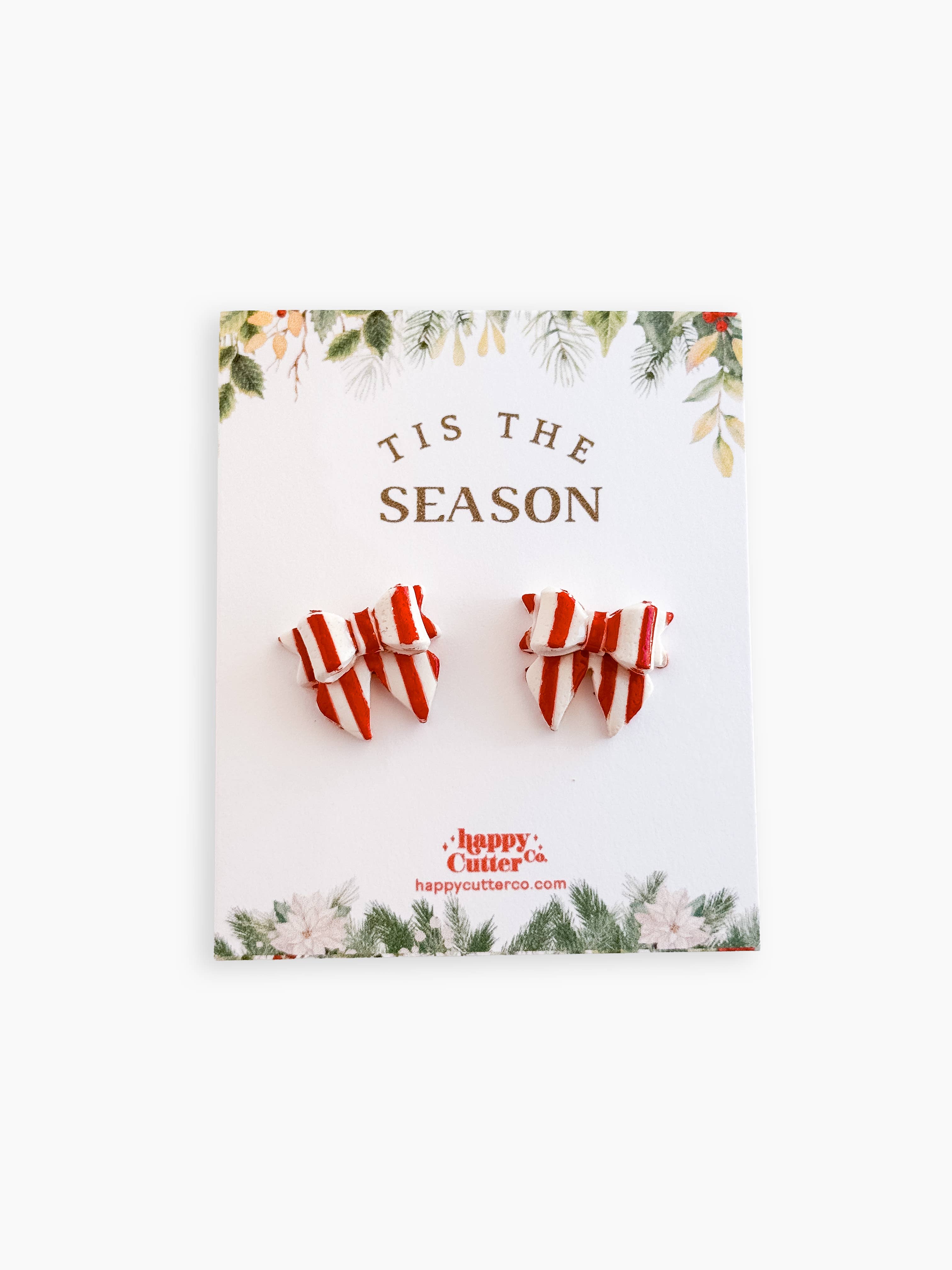 Christmas Studs - Red & White Striped Bow Holiday Earrings